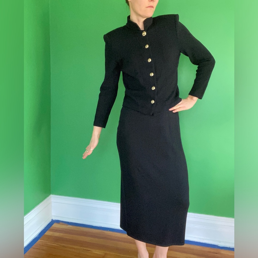 Vintage St John Basics Black Knit Jacket Gold Buttons victorian and skirt set